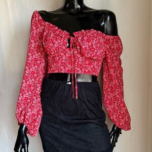 Red Paisley Off-Shoulder Crop Top Boho Festival Cottagecore